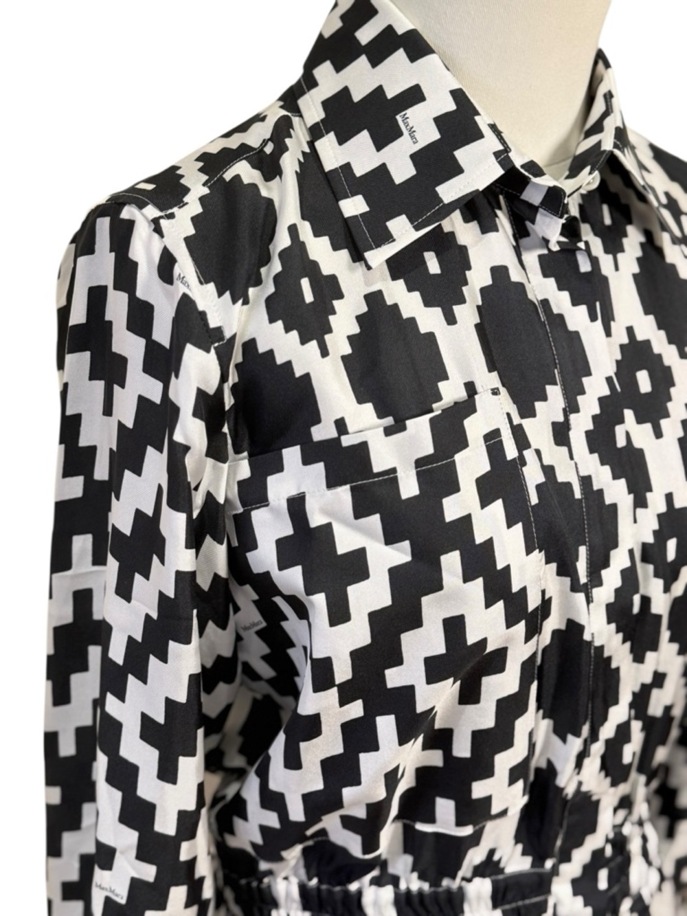 Max Mara Silk Shirt Geometric Print Cinched Waist Dress In Black & White Size 8 - Picture 5 of 13